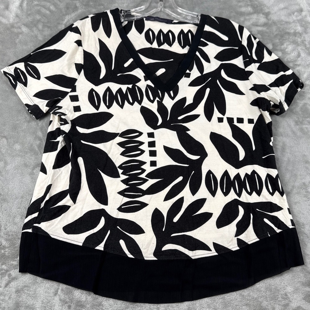 M&S Collection Black White Botanical Leaf V-Neck Top Short Sleeve Pleated Hem 12